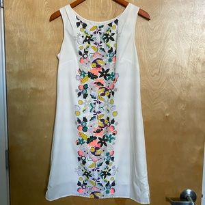 Cream shift dress with vertical floral stripe